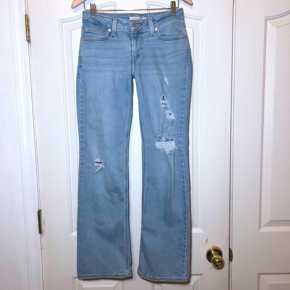 Levis Superlow Bootcut Jeans Light Wash Loose Fit Distressed Low Rise Grunge 26